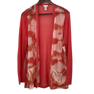 Chico's Cardigan Women Sz 2 Large‎ Coral Orange Watercolor Chiffon Open Front